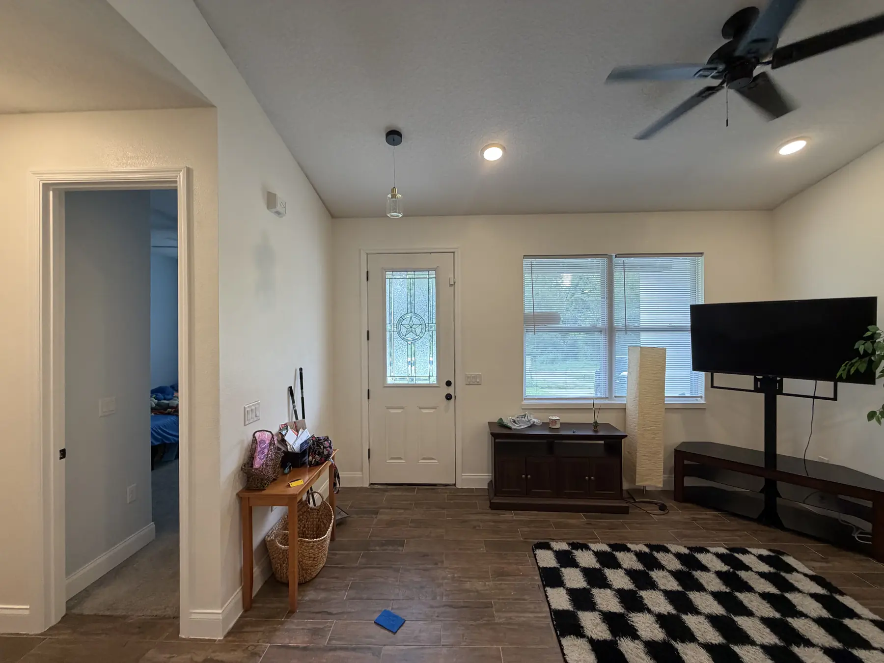 Entryway and living room with freshly painted neutral walls, white ceiling, and a painted front door